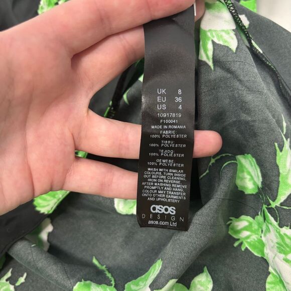 Asos Design Dress Women's 4 Black Green Floral‎ Sleeveless Satin Midi Dress - Picture 6 of 7